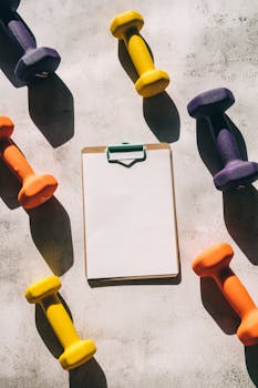 Flat lay of vibrant dumbbells and blank clipboard offering fitness inspiration.