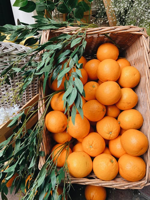 Overhead Shot of a Basket Filled with Oranges 