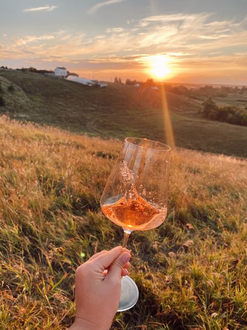 A hand holding a wine glass at sunset in a scenic countryside field.