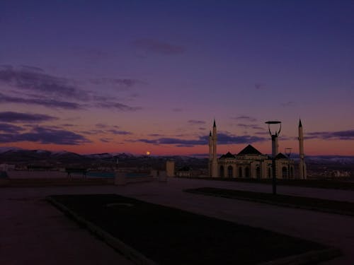 Free stock photo of a mosque, full moon, sunset
