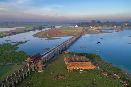 Aerial View of a Long Bridge Connecting Two Sides of a River 