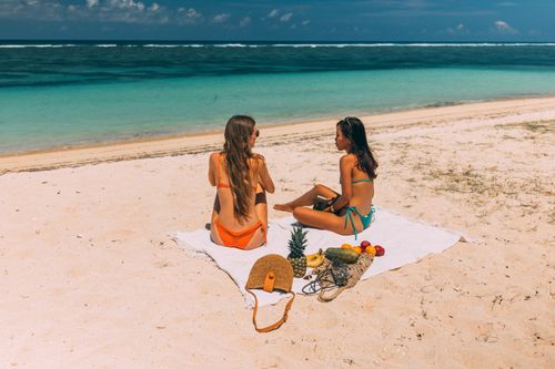 Free Two women enjoying a beach picnic with a view of the ocean, wearing colorful swimwear. Stock Photo