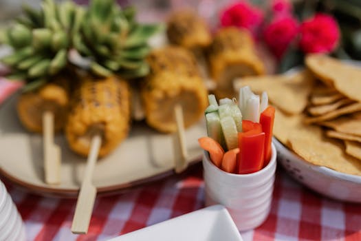 Fresh vegetables, corn on the cob, and chips on a picnic table outdoors.