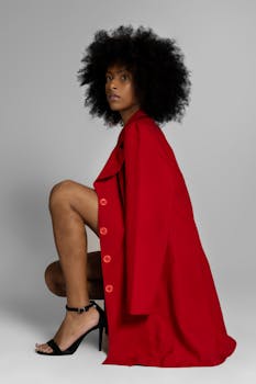 Elegant studio portrait of a woman in a bold red coat, showcasing fashion and style.