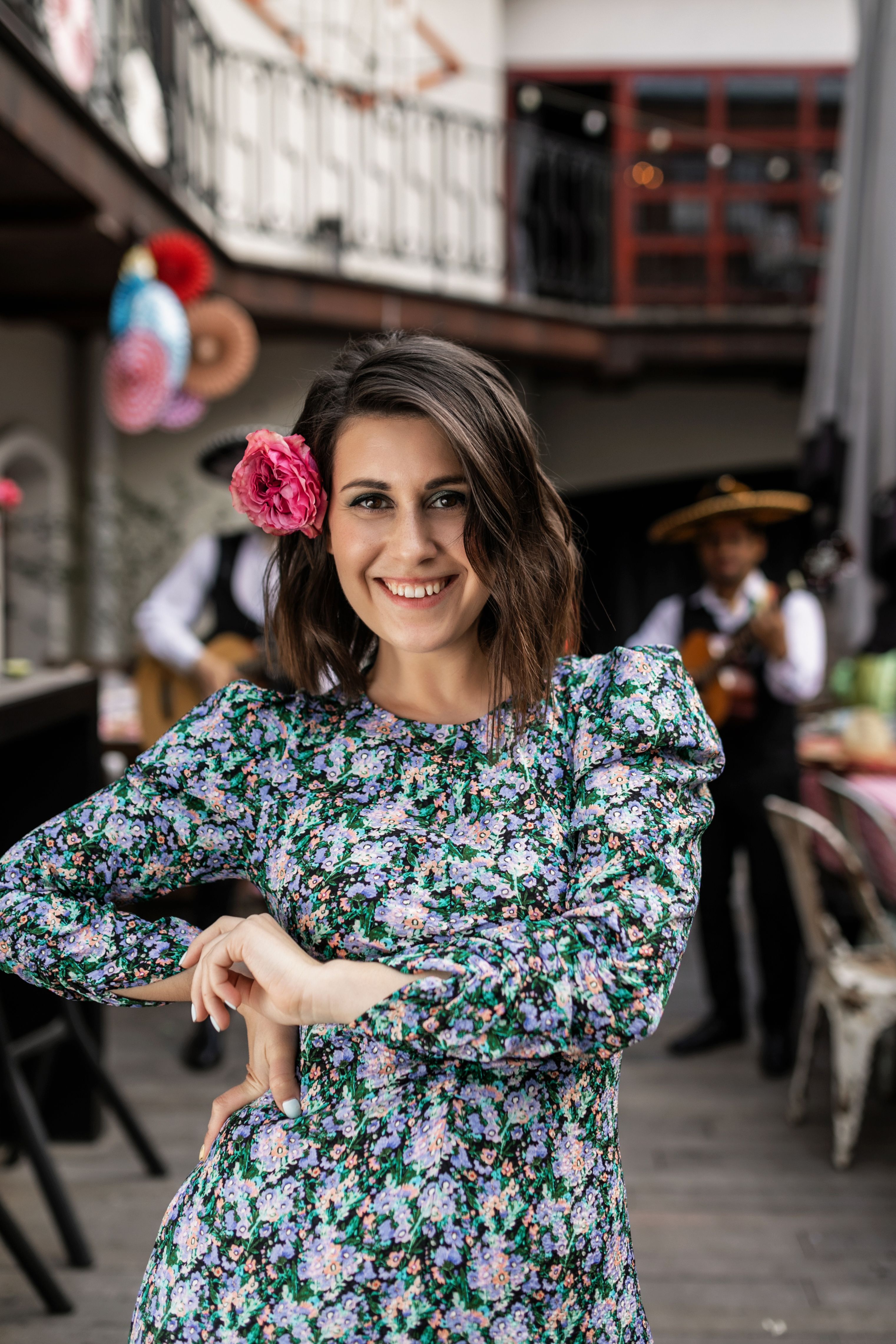 Woman in Floral Long Sleeve Dress with Pink Flower on Ear · Free Stock ...