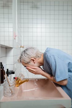 An adult male washing his face in a tiled bathroom, focusing on skincare and hygiene.