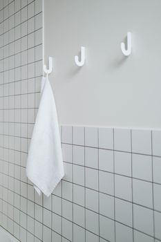 Clean minimalist bathroom with white towel hanging on hooks, emphasizing simplicity and hygiene.