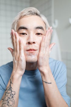 A man with a face mask, enhancing skincare in a modern bathroom.