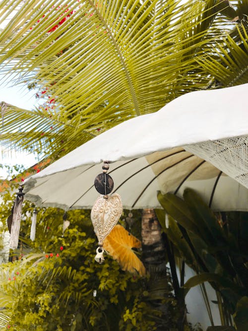 Ornaments Hanging on the Sides of an Umbrella Under Tropical Plants 