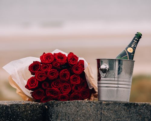 Free A bouquet of red roses next to champagne in an ice bucket at a beachside setting. Stock Photo