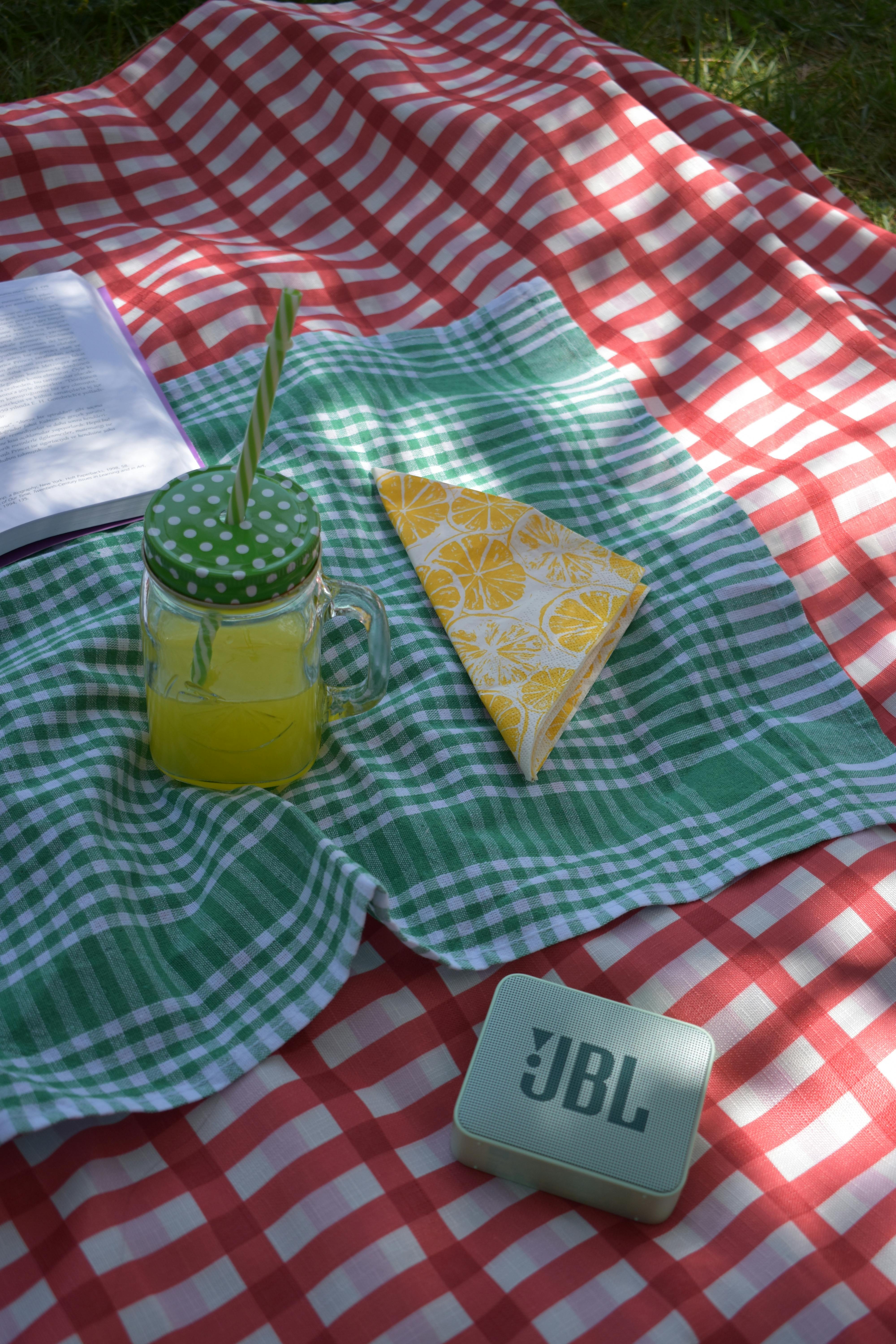 A vibrant picnic setup with lemonade in a mason jar and a portable speaker on a gingham blanket.