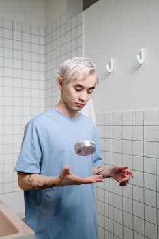 A young Asian man engaging in a skincare routine with a beauty product in a tiled bathroom.