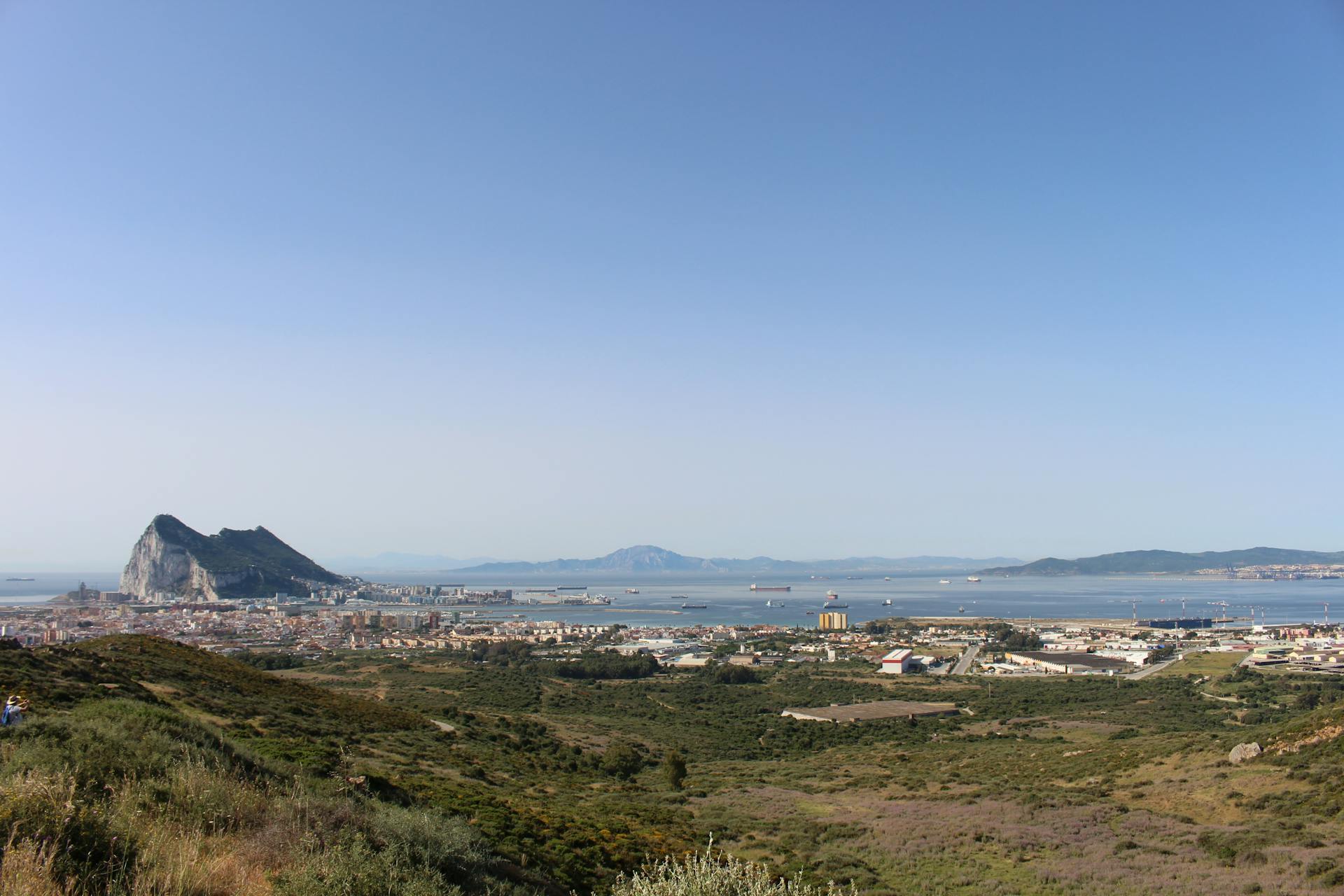 Panoramic landscape of Gibraltar with Mediterranean Sea in clear daylight.