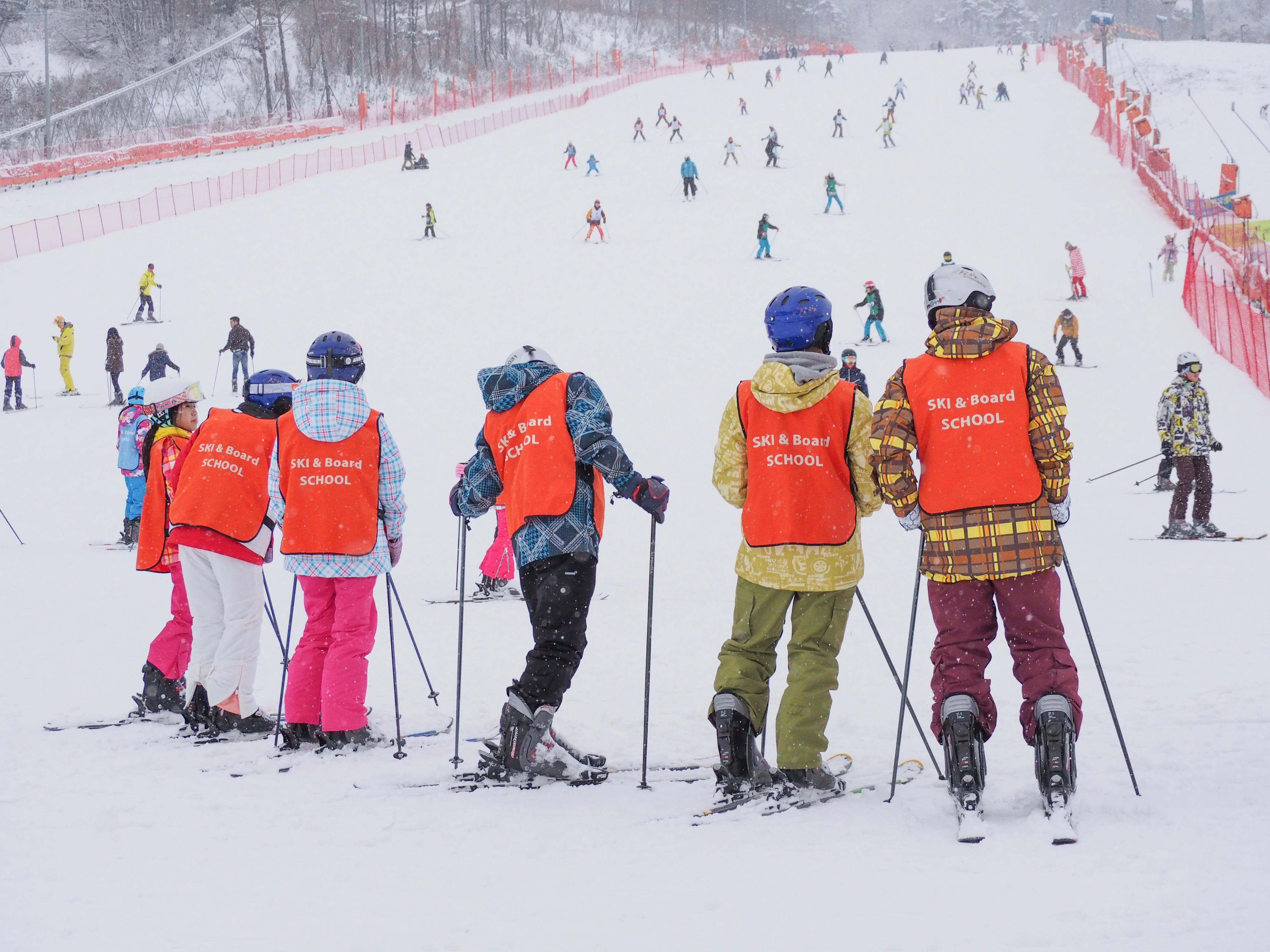 back view shot of people enjoying on a ski resort