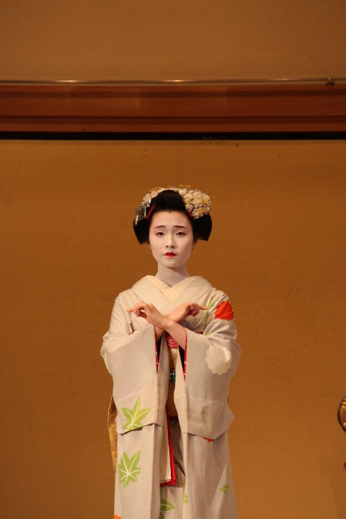 A Young Geisha Posing Near a Brown Wall