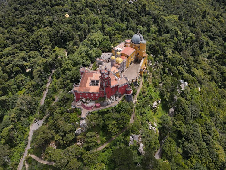 Drone Shot Of The Pena Palace, Sintra, Portugal 