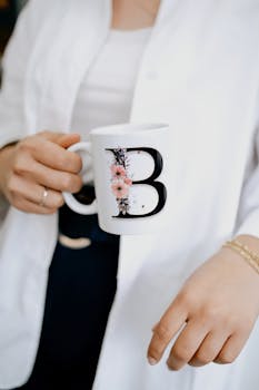 Close-up of a person holding a floral initial mug, wearing a white shirt, with focus on hand and mug.