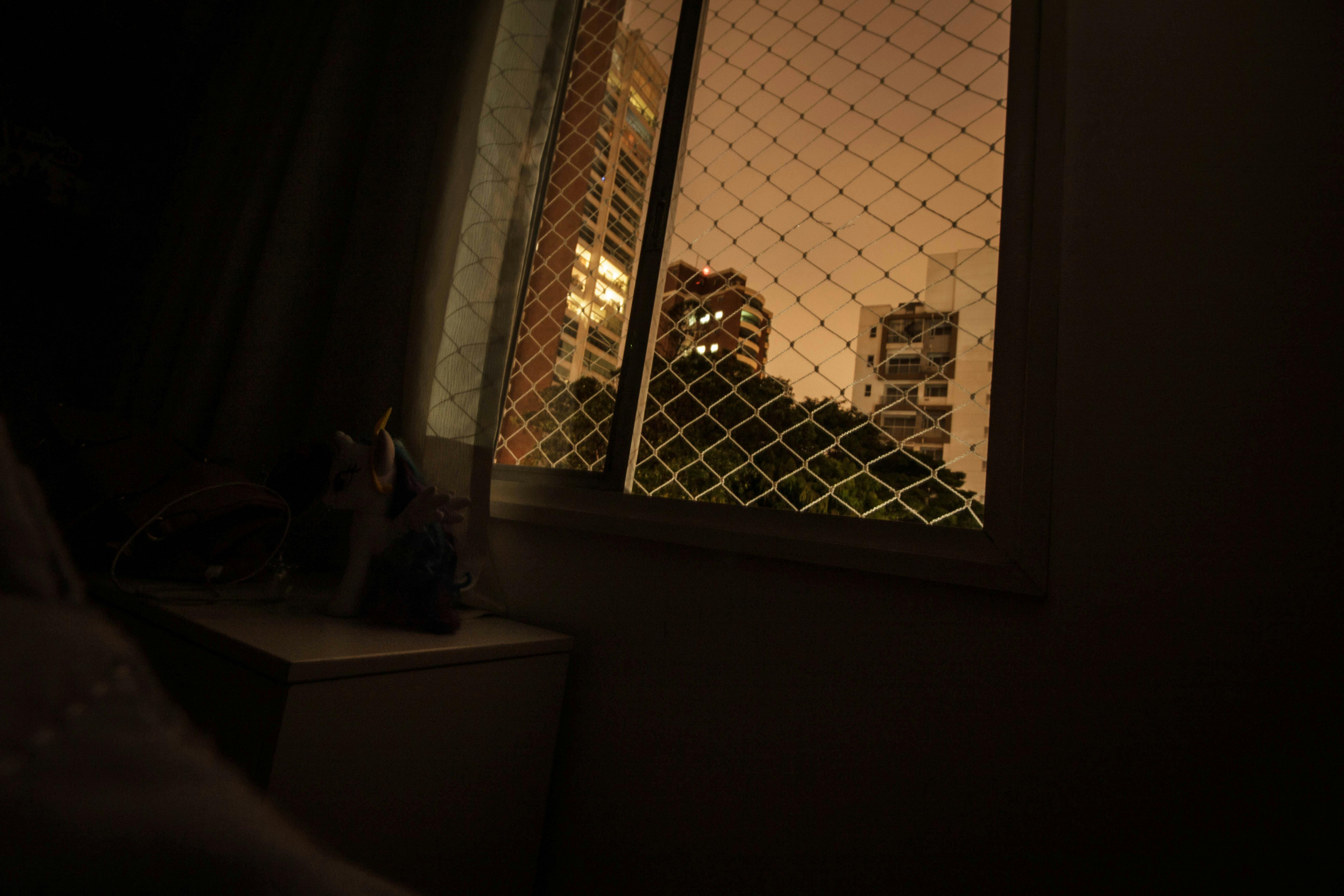 A night view of city buildings from inside a room with a mesh-covered window.
