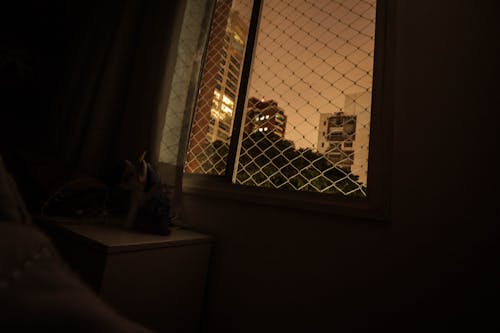 Dark Room with View of Buildings from Glass Window 