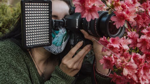 Woman Photographer Behind the Flowers Taking a Photo