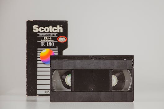 Retro VHS tape with original box, symbolizing 80s nostalgia and analog technology.