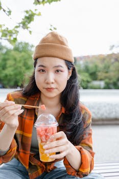 Young woman eating fresh fruit outdoors on a sunny day, enjoying casual leisure time.