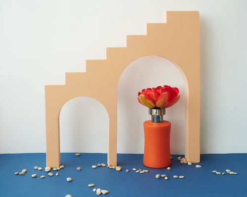 Free Elegant composition with red peony in a vase, framed by modern geometric shapes. Stock Photo