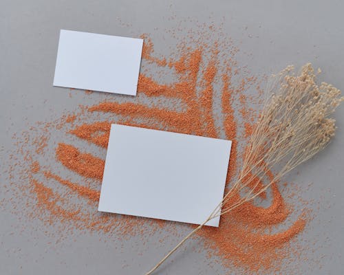 Blank Pieces of Paper on Scattered Orange Powder and a Dry Flower