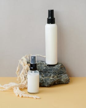 Stylish composition of perfume bottles on stone background, ideal for product photography.