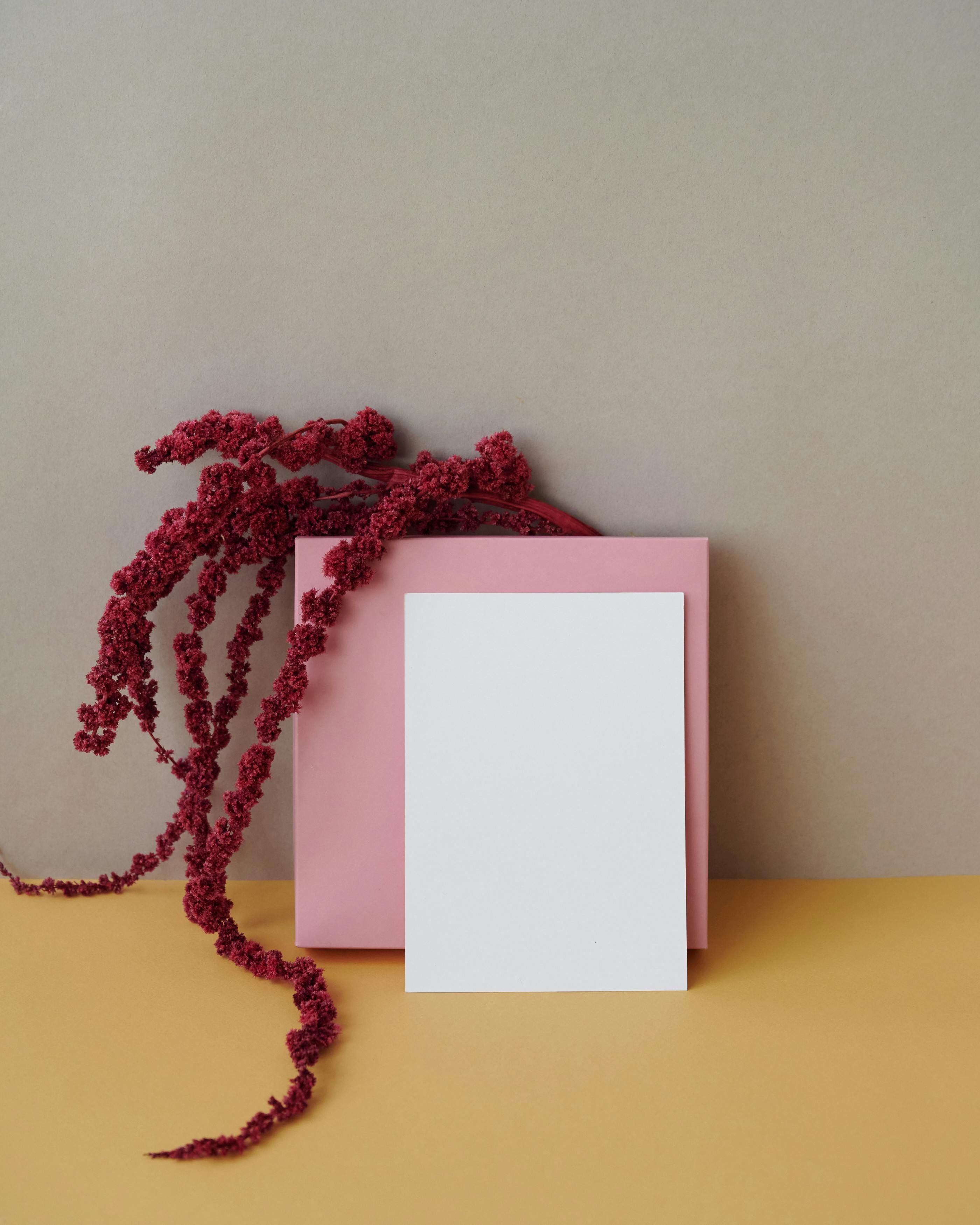 Elegant minimalistic still life with a blank card, pink envelope, and dried flowers against a muted background.