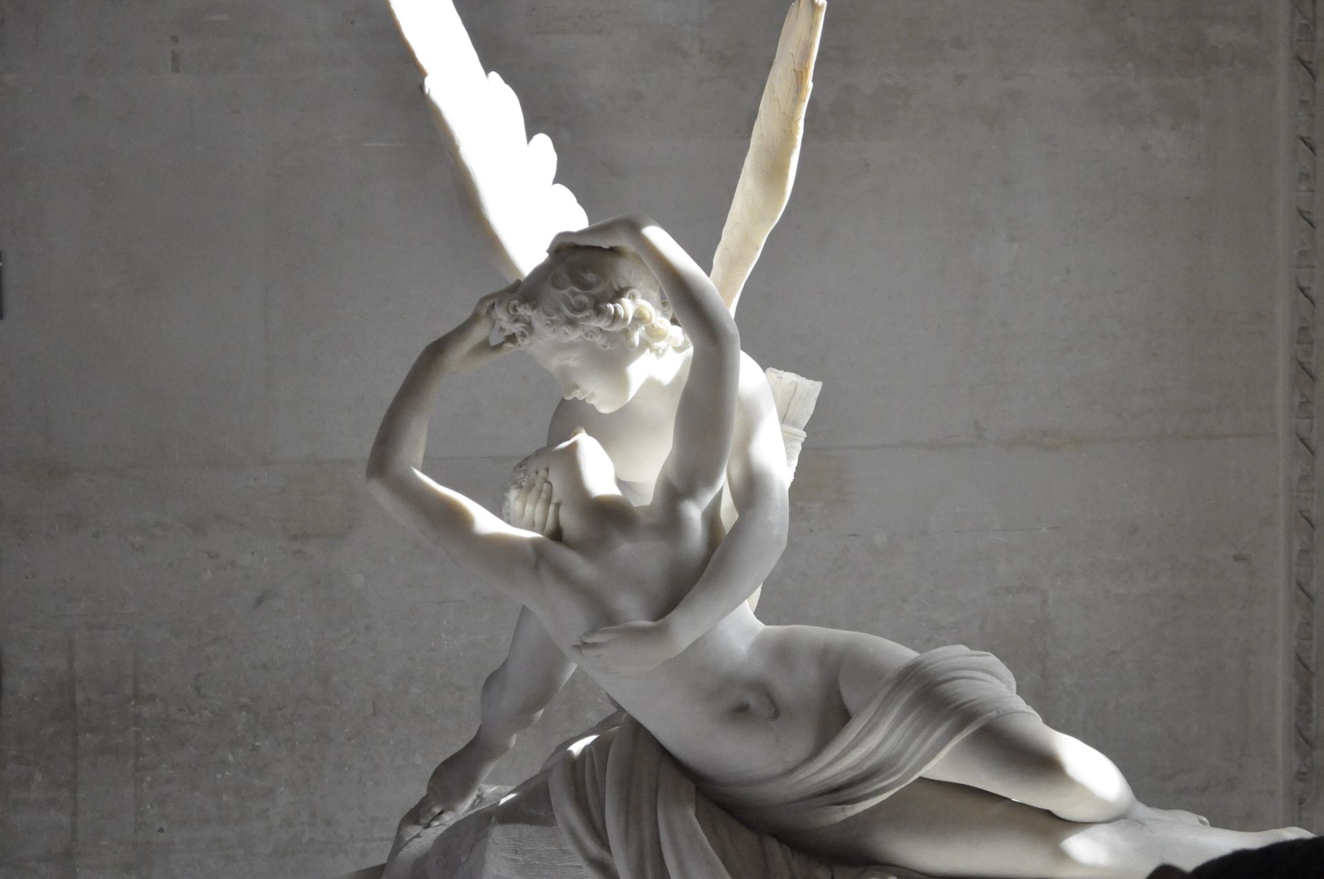 Detailed view of Antonio Canova's famous marble sculpture Psyche Revived by Cupid's Kiss.