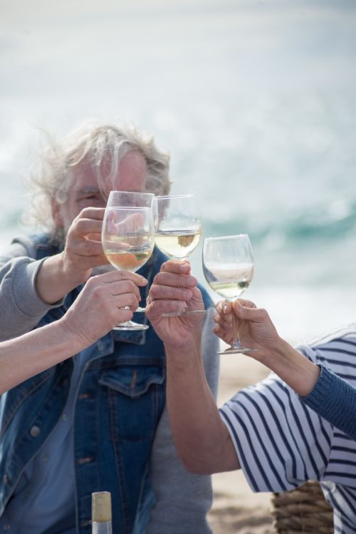 Free Senior friends enjoy a beach day in Portugal, toasting with white wine in a relaxed seaside setting. Stock Photo