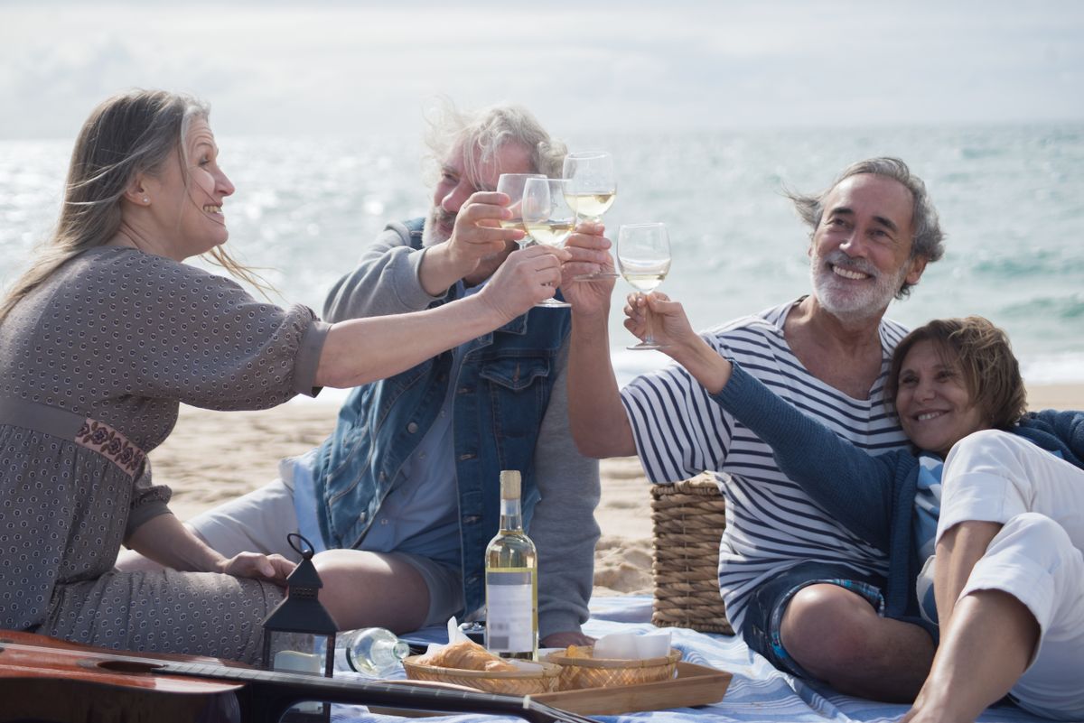 Group of friends enjoying a beach picnic and toasting wine together