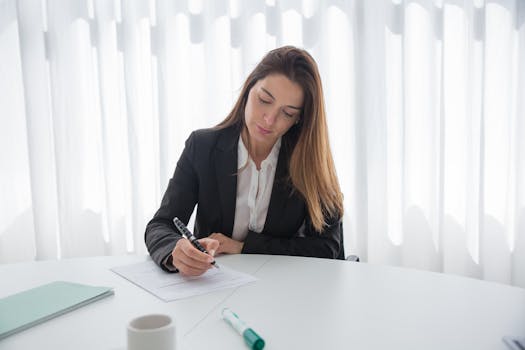 A professional woman in a suit signing paperwork at a desk, showcasing corporate elegance.