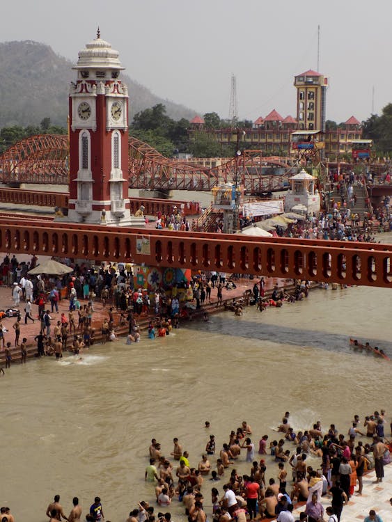 Free People in the Ganges River at Har Ki Pauri Stock Photo