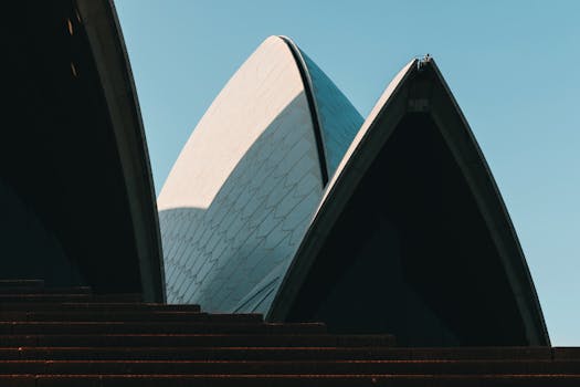 Close-up view of the Sydney Opera House showcasing modern architecture under a clear sky.