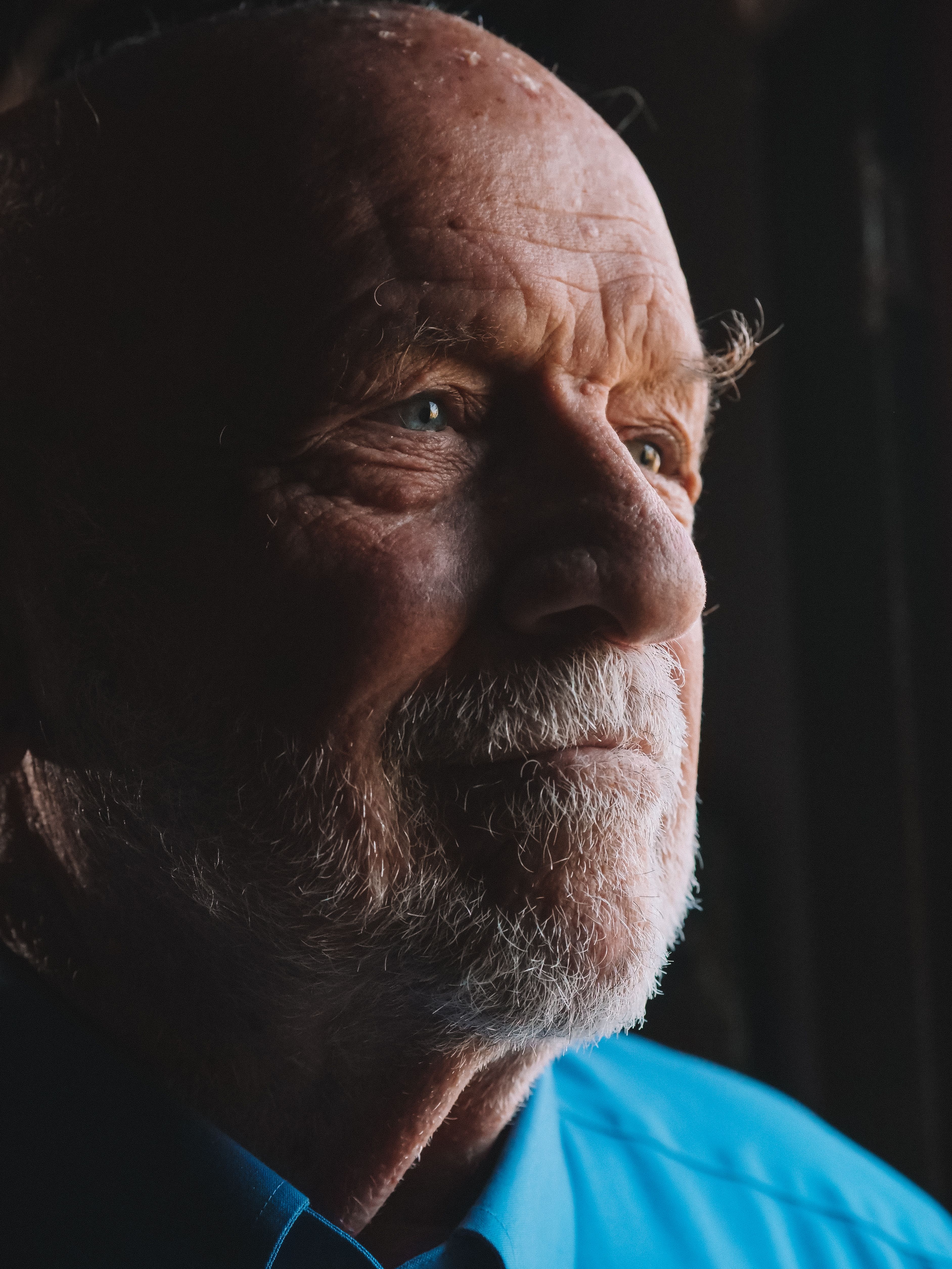 A close-up portrait of an elderly man with a thoughtful expression, gazing outside.