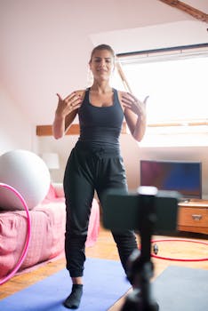 Young woman recording a fitness video at home, standing on yoga mat with equipment.