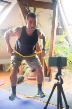 Adult man working out indoors with resistance band while filming on smartphone tripod.