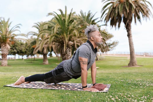 Adult man performing yoga under palm trees in a serene park setting, showcasing focus and wellness.