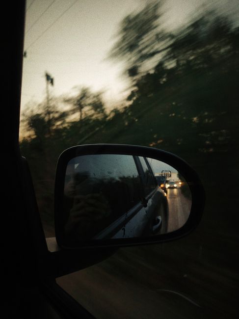 Through car window view of green trees and mirror reflection of car and road in summer evening