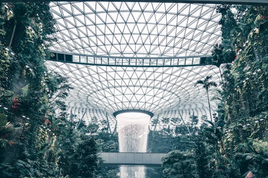 Lush indoor garden with impressive waterfall at Jewel Changi Airport, Singapore.