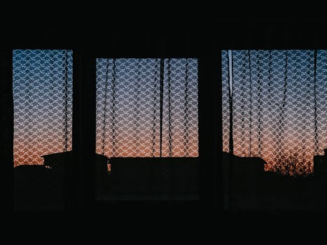 Silhouette of buildings seen through a lace curtain against a sunset sky.