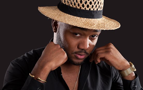 Portrait of a stylish man with hat and watch, adjusting his collar in a studio setting.