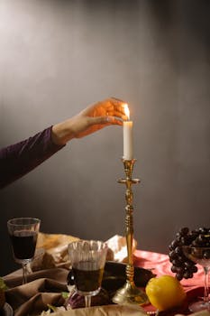 A hand lights a candle on a dinner table adorned with fruits and wine, creating a warm ambiance.