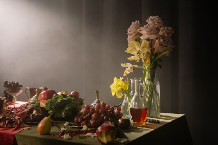 Fruits And Flowers On Table 