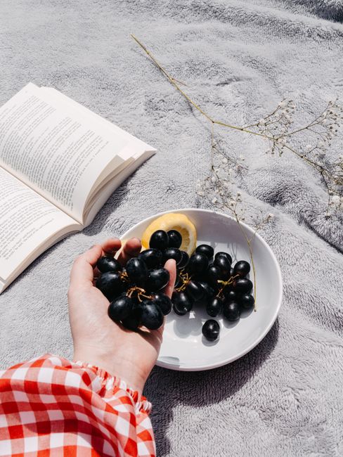 Enjoy a peaceful summer picnic with grapes, book, and cozy blanket outdoors.