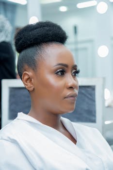 Stunning portrait of a young woman with afro hair in a modern setting.