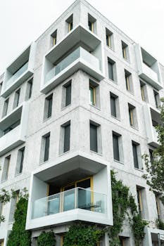 Contemporary urban apartment building with balconies and greenery on the facade.