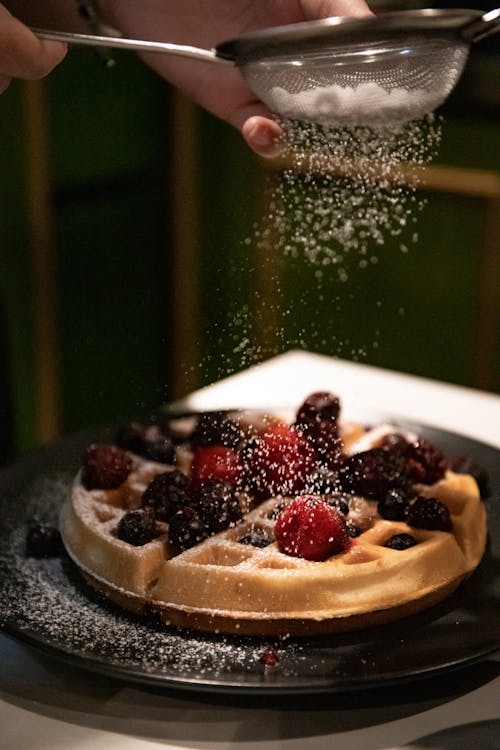 Waffle on Black Ceramic Plate